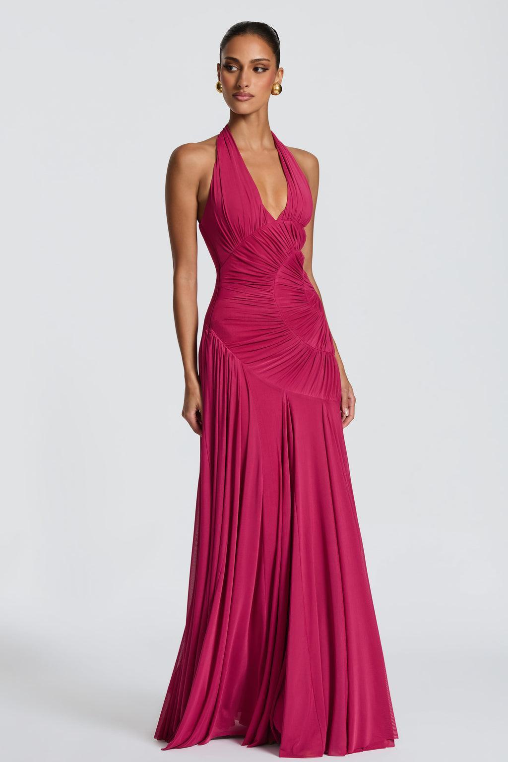 Mesh Gathering Halter Neck Maxi Dress