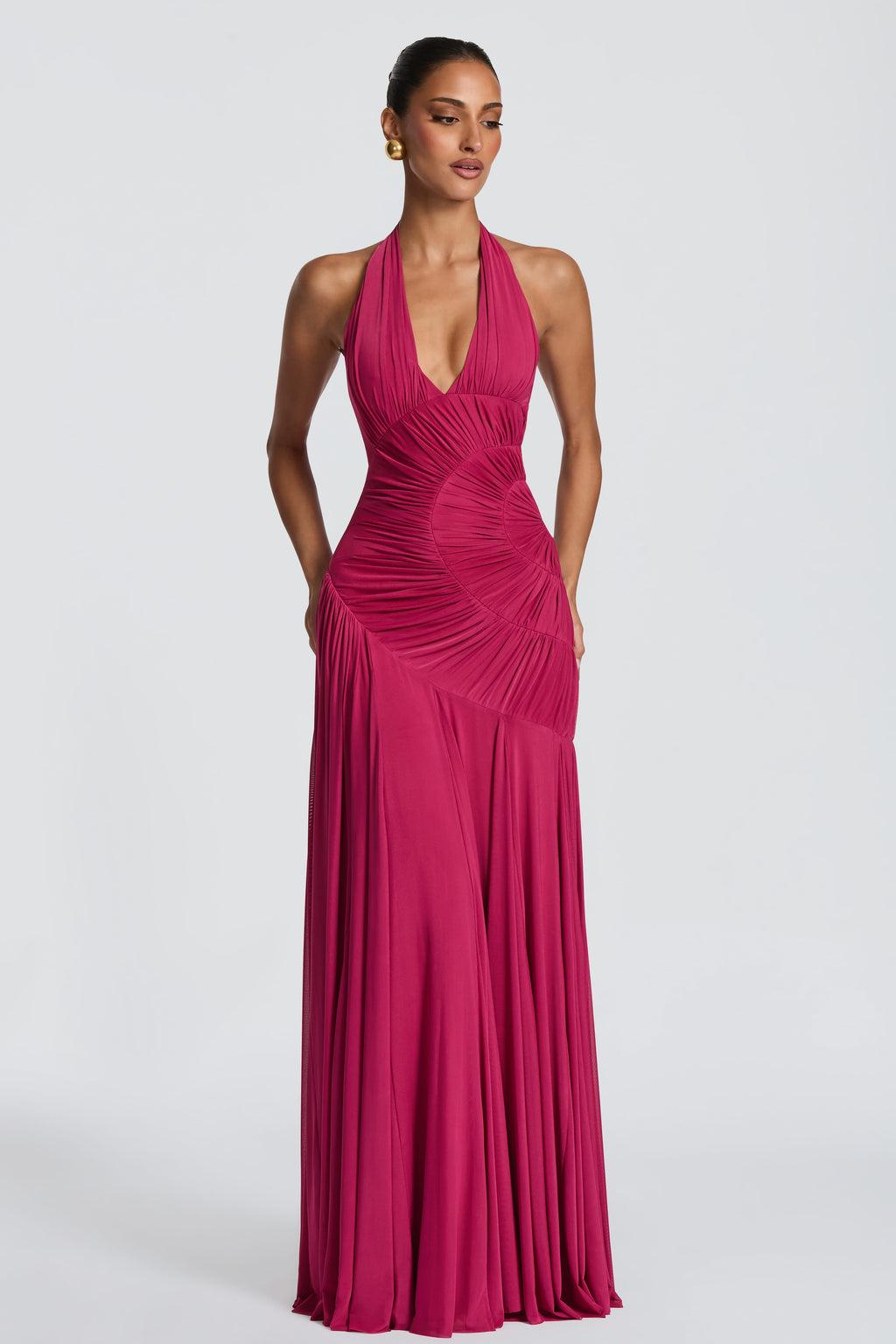 Mesh Gathering Halter Neck Maxi Dress
