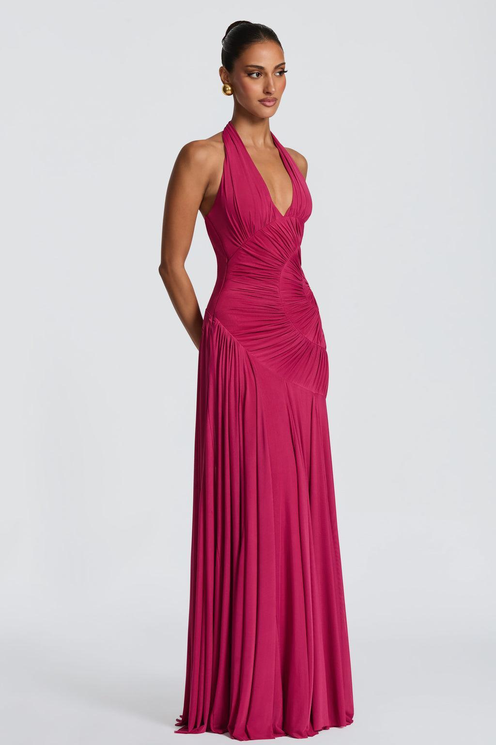 Mesh Gathering Halter Neck Maxi Dress