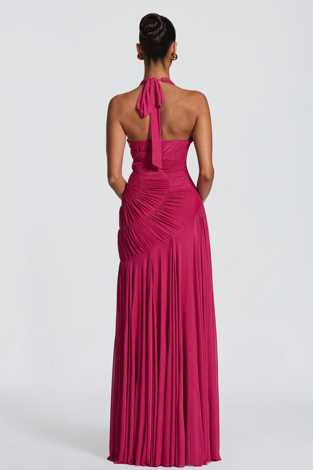 Mesh Gathering Halter Neck Maxi Dress