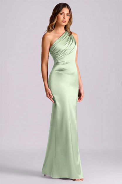 Satin One Shoulder Gathering Maxi Dress
