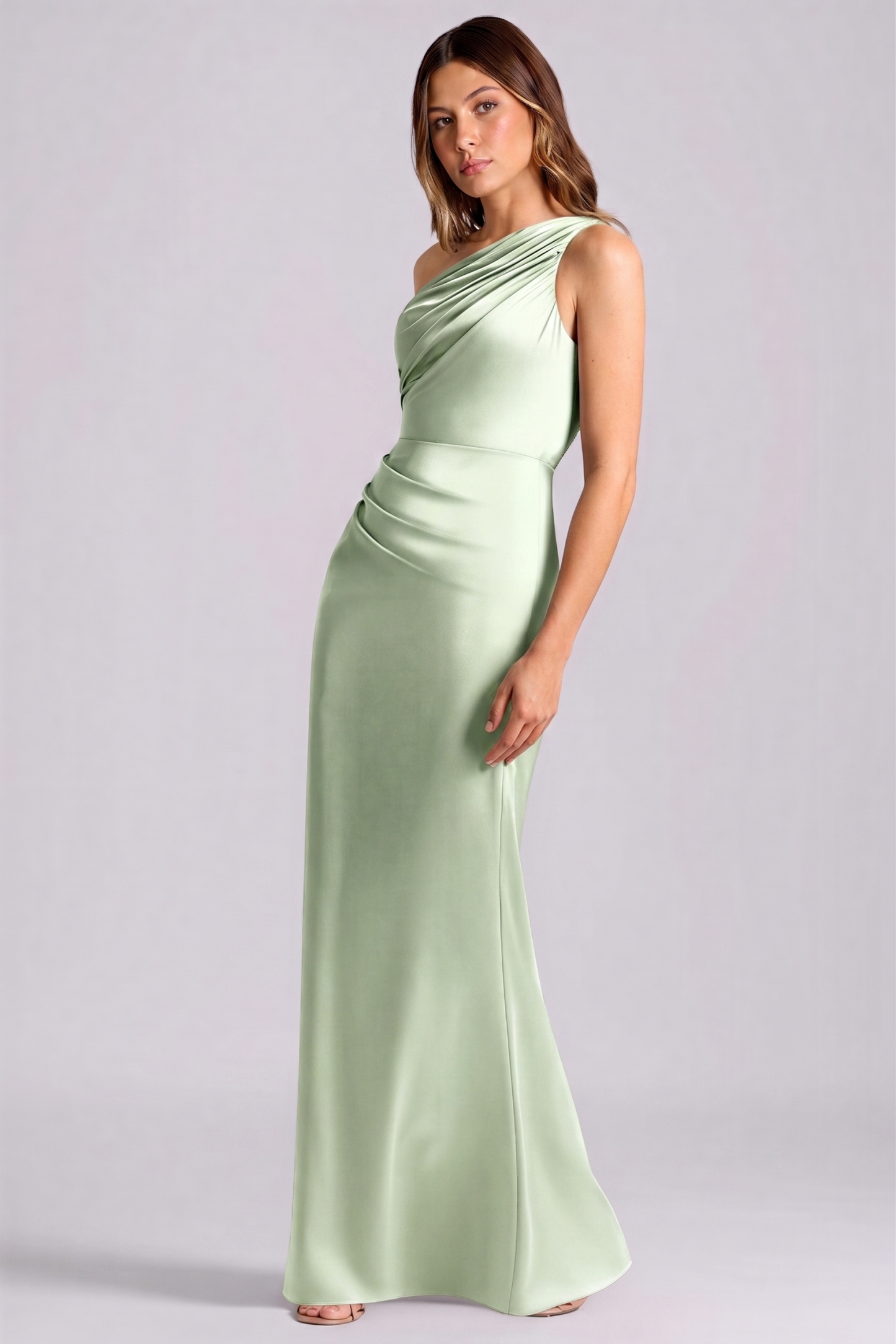 Satin One Shoulder Gathering Maxi Dress
