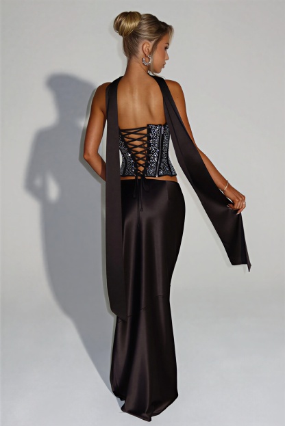 Rhinestone Tie-Up Strapless Top & Satin Maxi Skirt Set
