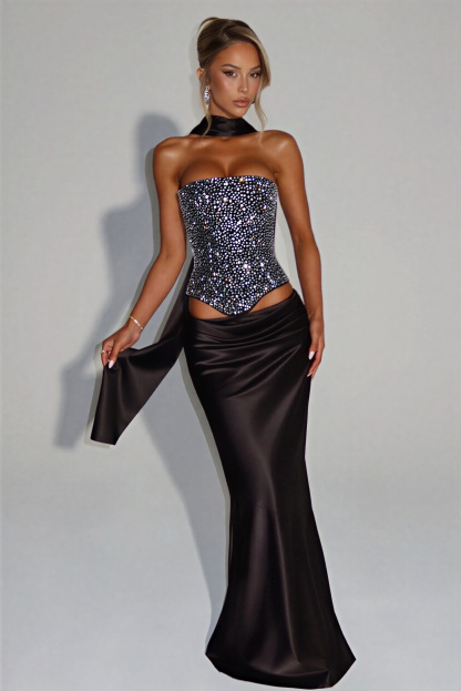 Rhinestone Tie-Up Strapless Top & Satin Maxi Skirt Set