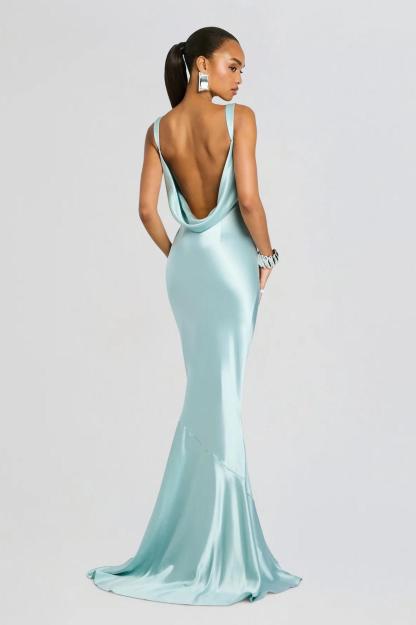 Satin Backless Cowl Neckline Maxi Dress