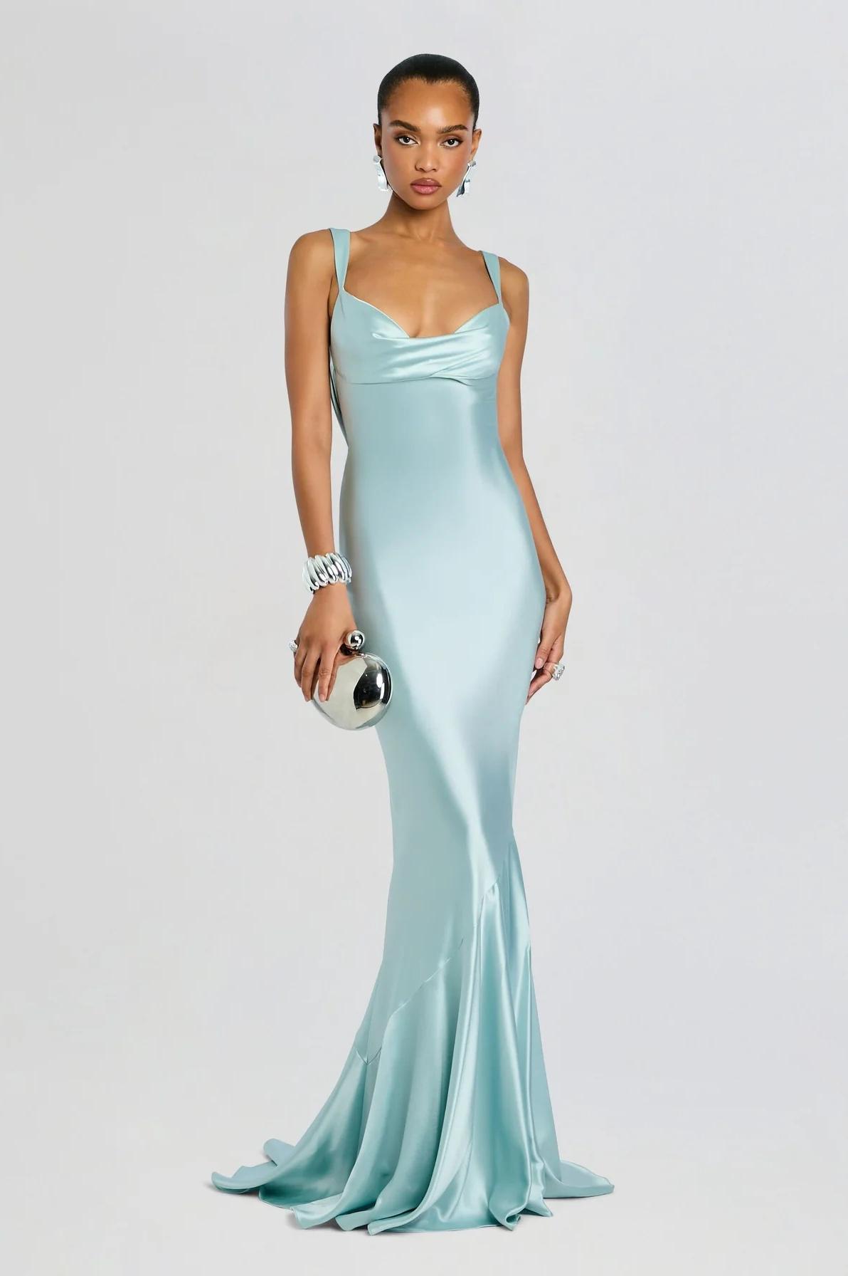 Satin Backless Cowl Neckline Maxi Dress