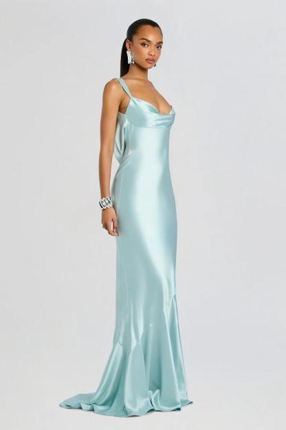 Satin Backless Cowl Neckline Maxi Dress