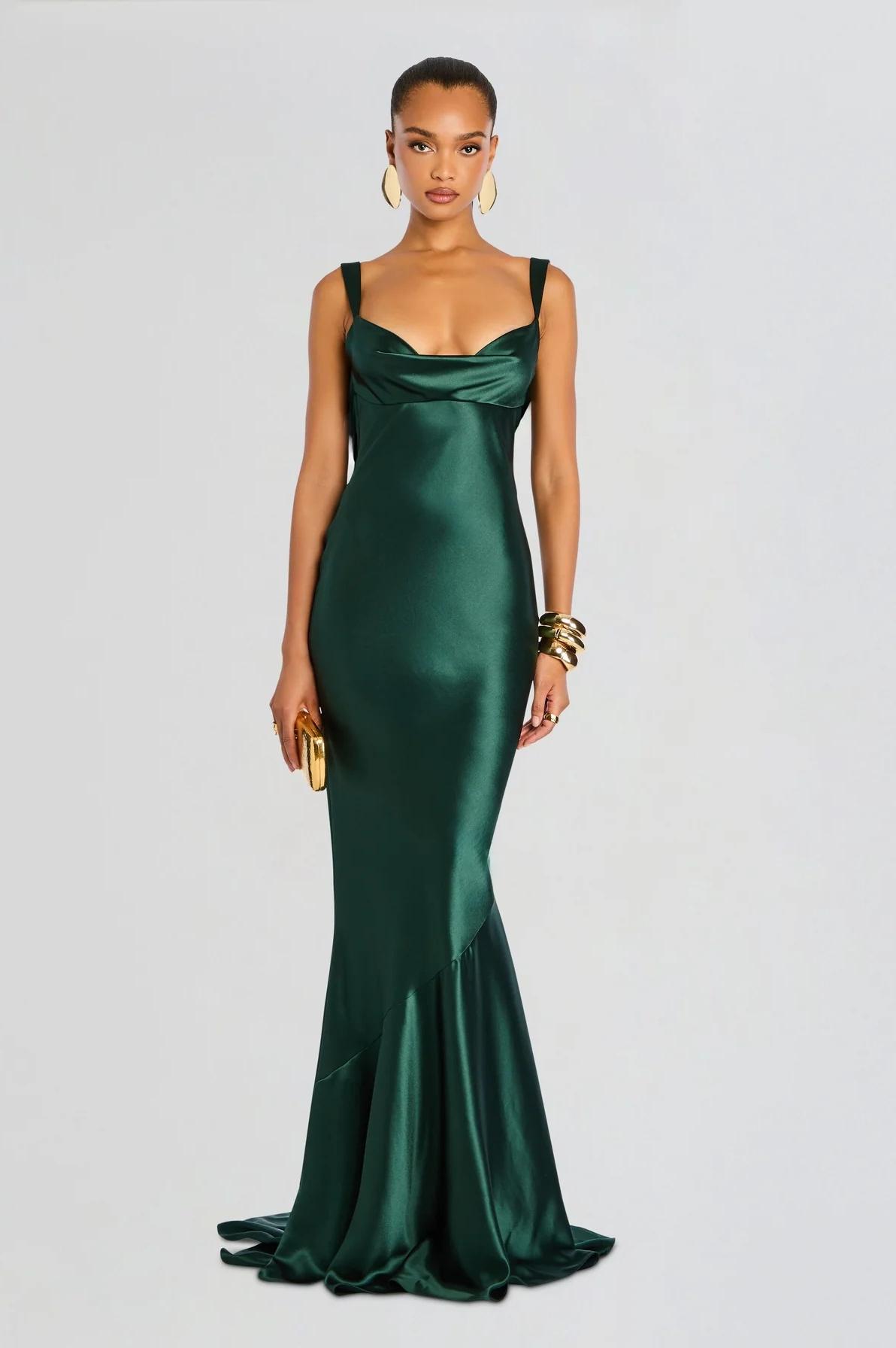 Satin Backless Cowl Neckline Maxi Dress
