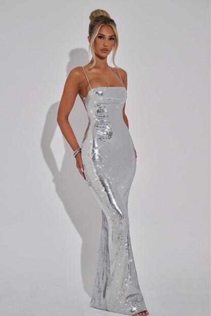 Sequin Backless Tie-Up Maxi Dress
