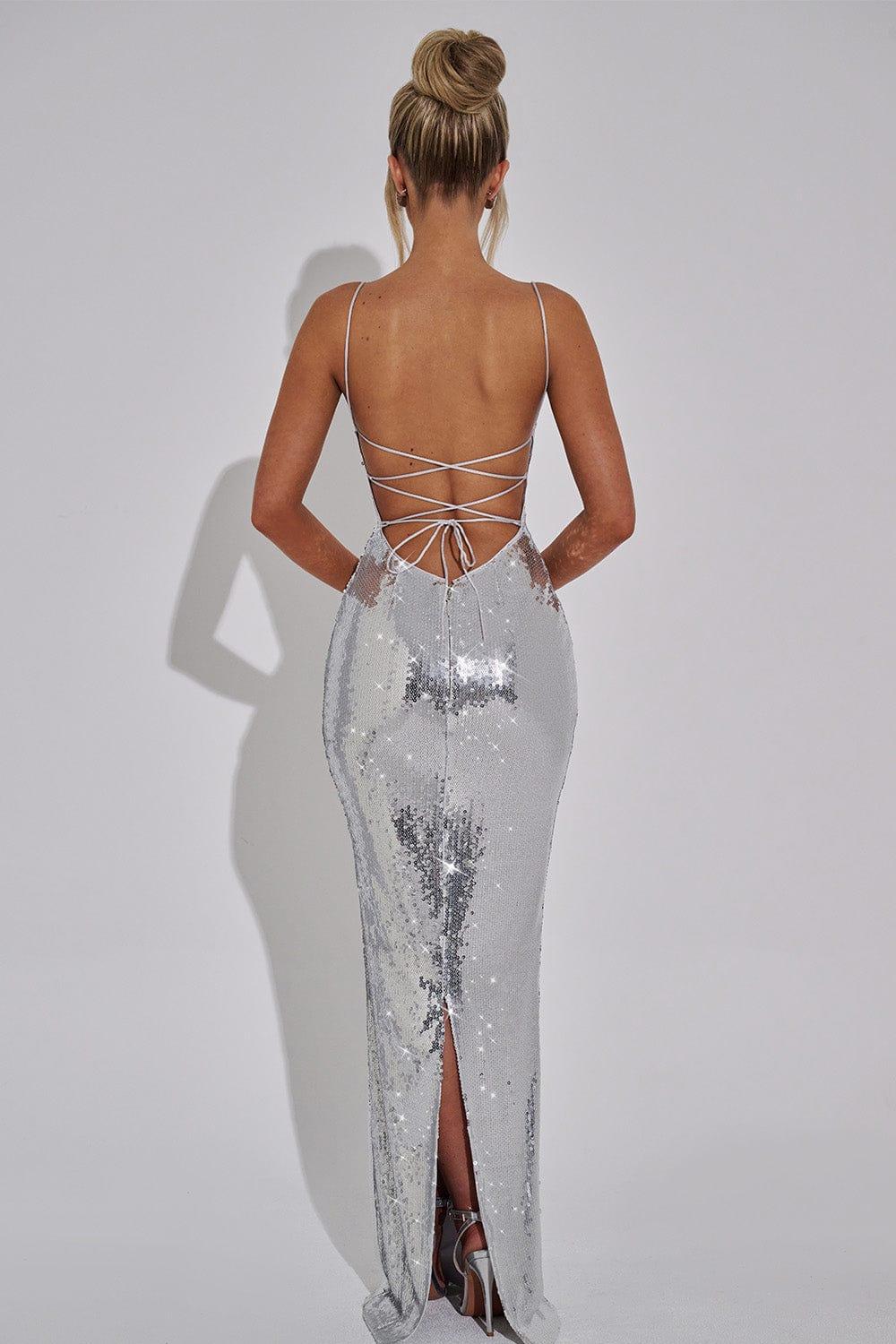 Sequin Backless Tie-Up Maxi Dress