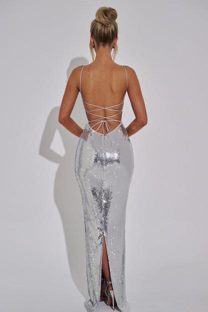 Sequin Backless Tie-Up Maxi Dress