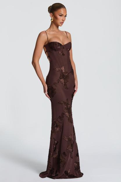 Embroidered Backless Tie-Up Maxi Dress