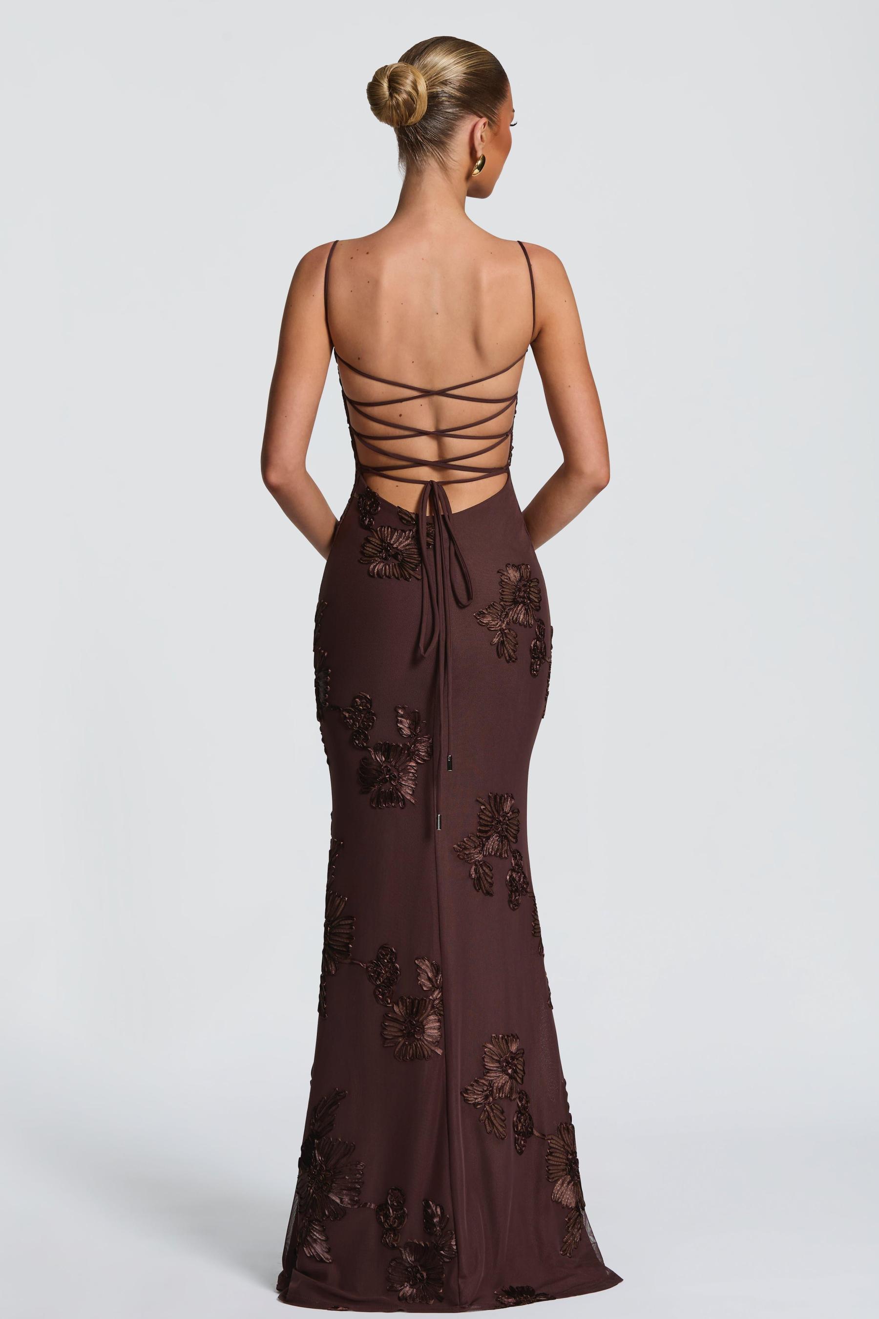 Embroidered Backless Tie-Up Maxi Dress