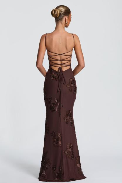 Embroidered Backless Tie-Up Maxi Dress