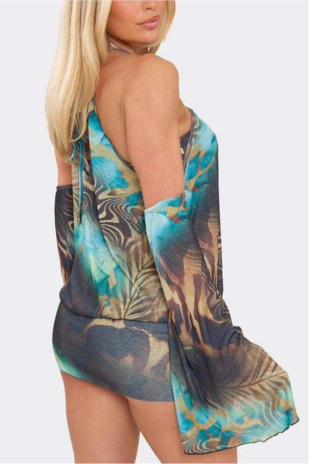 Abstract Print Bell Sleeve Halter Neck Mini Dress