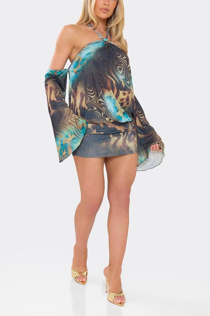 Abstract Print Bell Sleeve Halter Neck Mini Dress