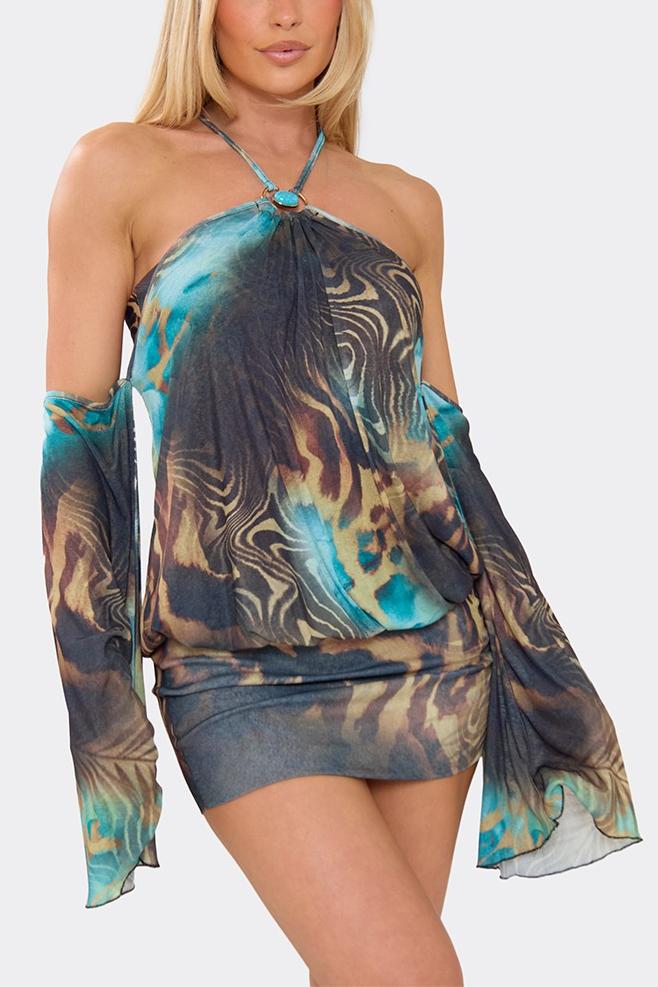 Abstract Print Bell Sleeve Halter Neck Mini Dress
