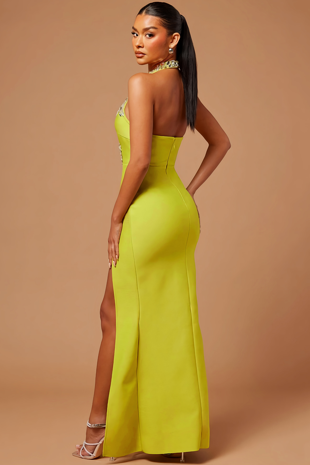 Rhinestone Halter High Slit Bandage Midi Dress