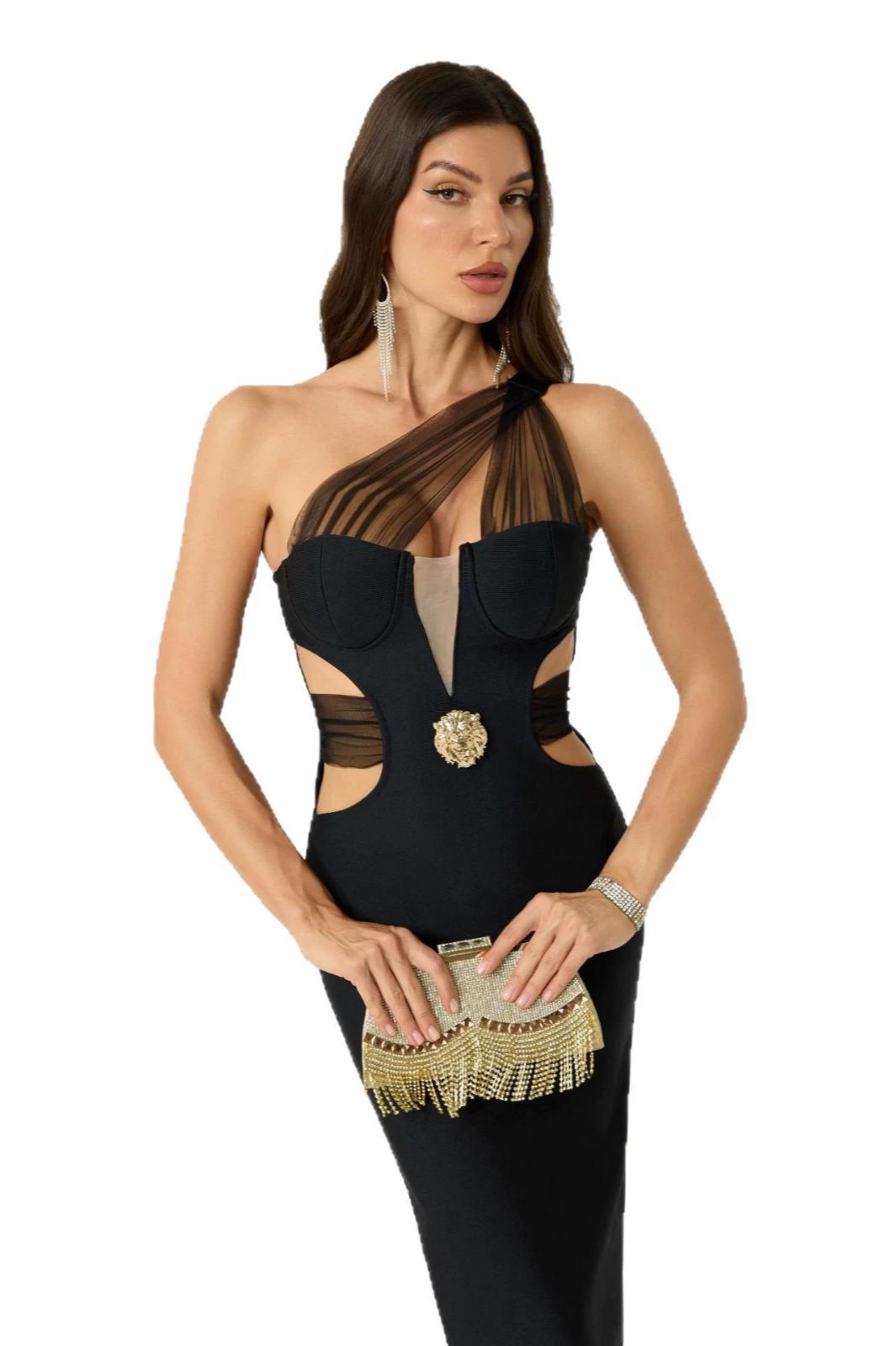 One Shoulder Mesh Cutout Bandage Maxi Dress