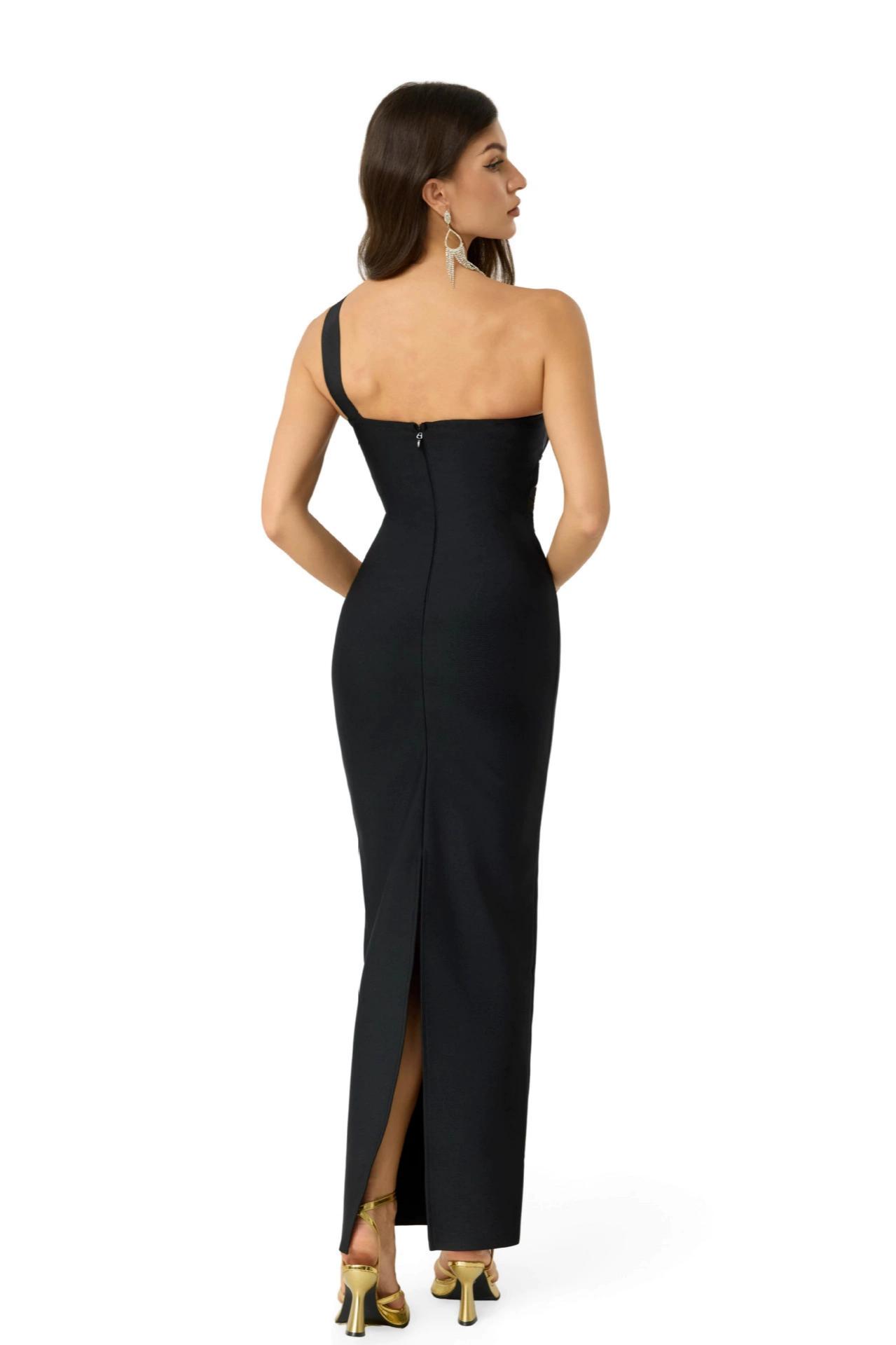 One Shoulder Mesh Cutout Bandage Maxi Dress