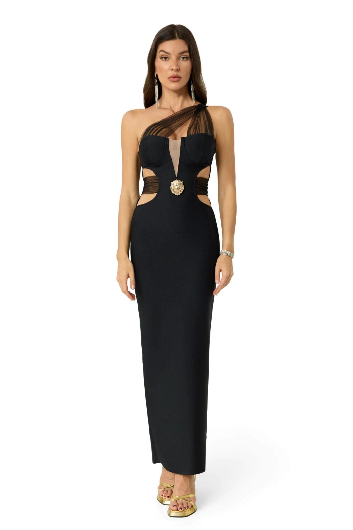 One Shoulder Mesh Cutout Bandage Maxi Dress
