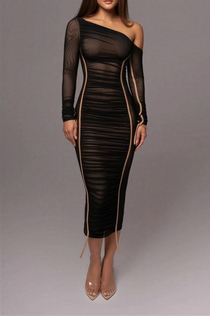 One Shoulder Long Sleeve Mesh Bodycon Midi Dress