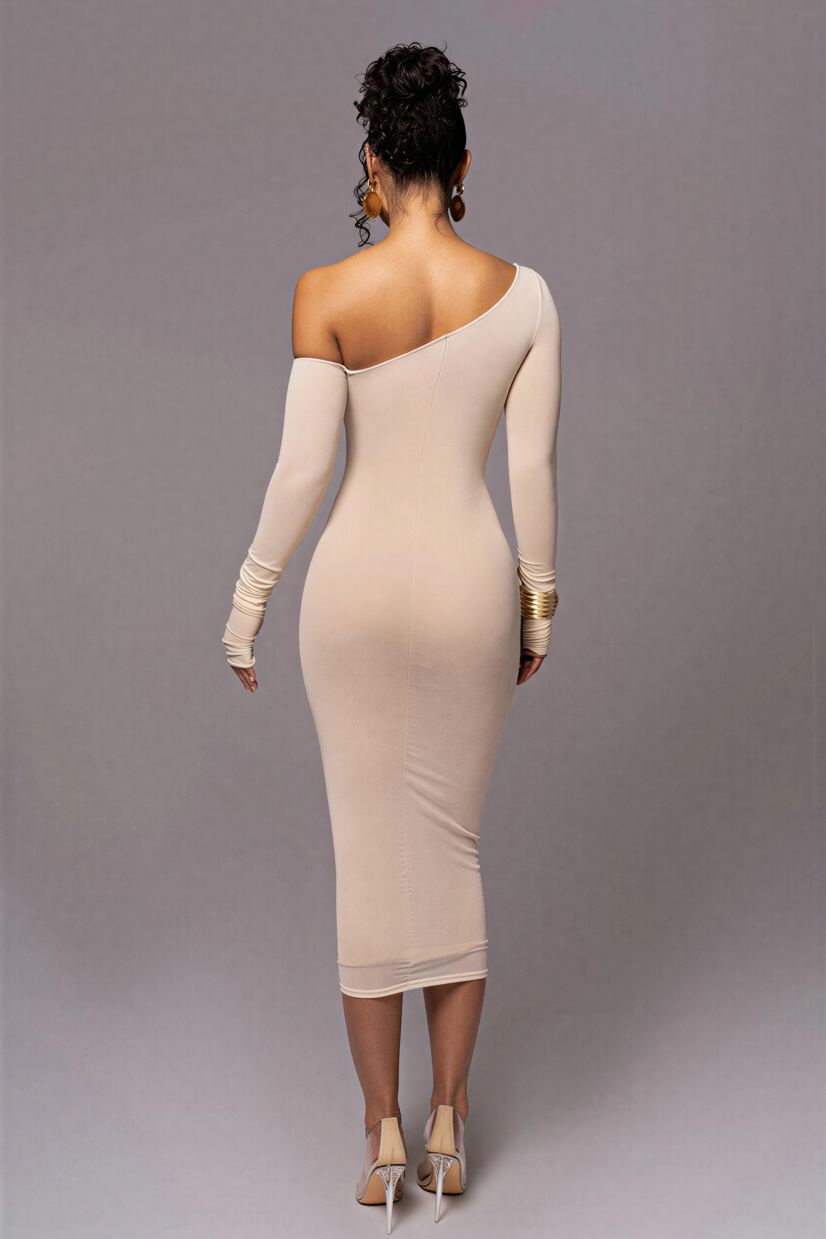 One Shoulder Long Sleeve Mesh Bodycon Midi Dress