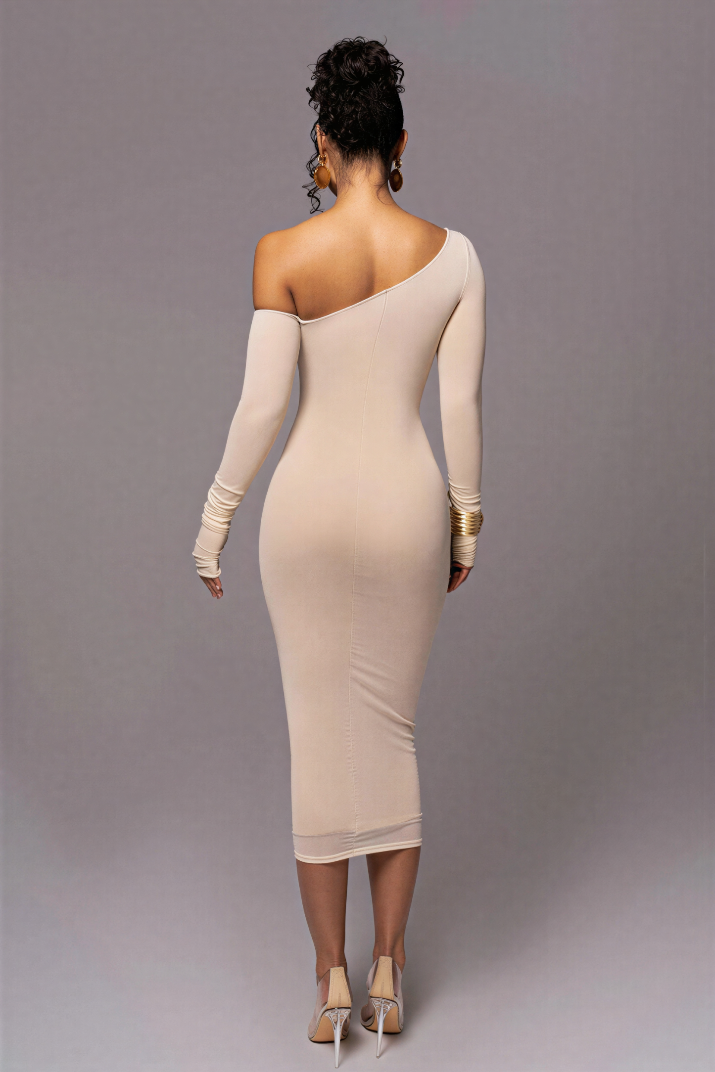 One Shoulder Long Sleeve Mesh Bodycon Midi Dress