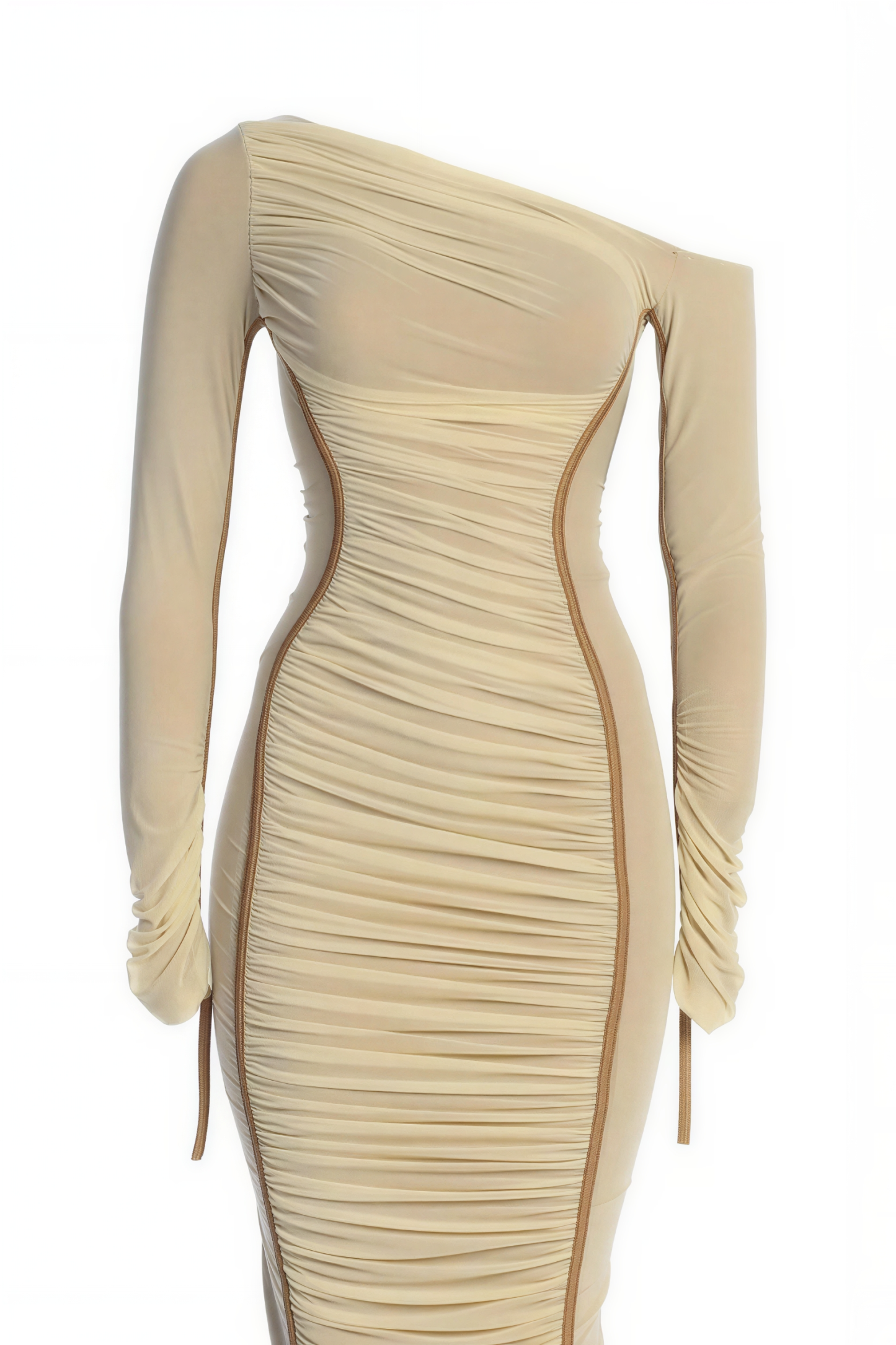 One Shoulder Long Sleeve Mesh Bodycon Midi Dress