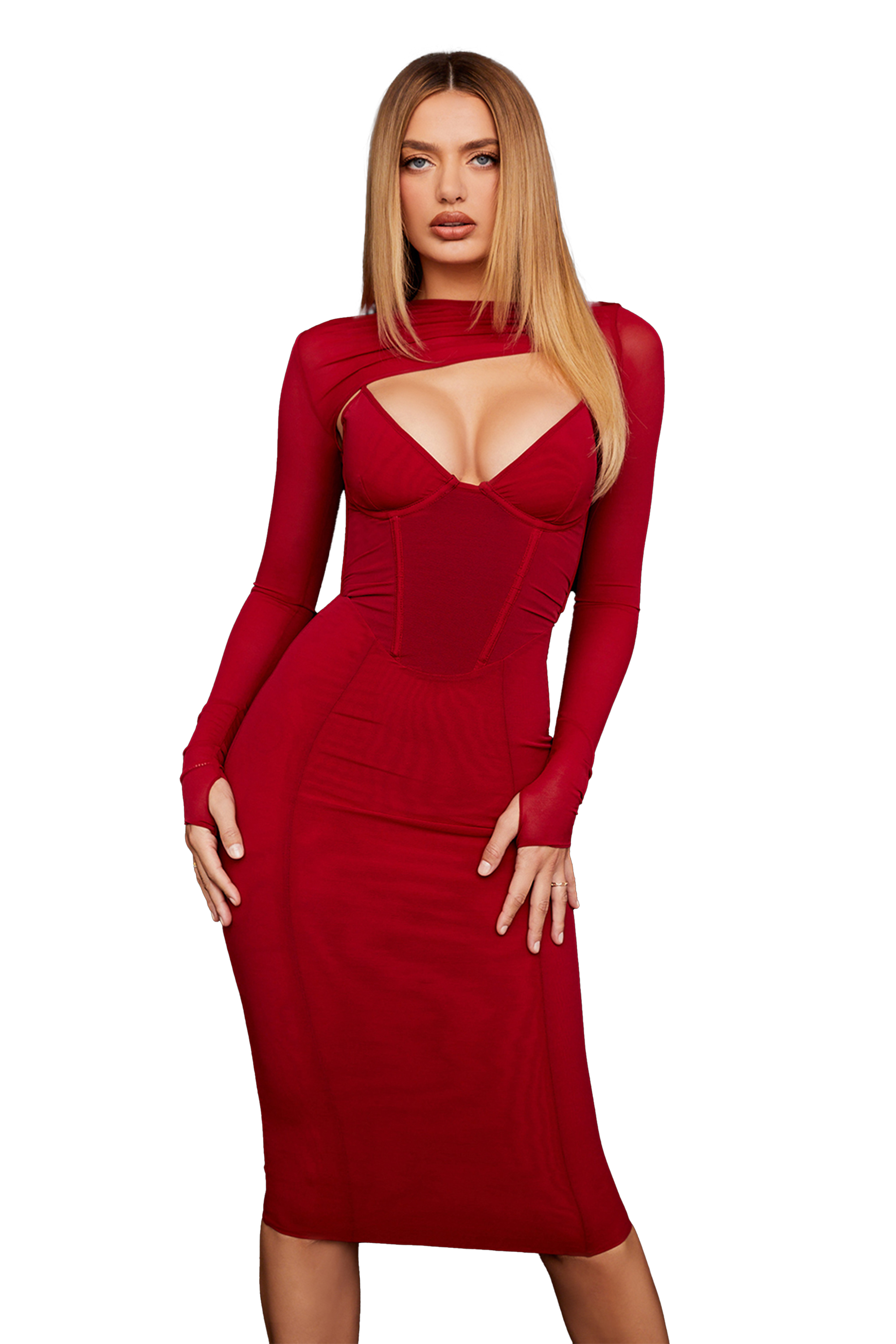 Bandage Splicing Mesh Long Sleeve Midi Dress