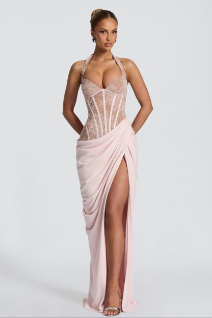 Lace Splicing Chiffon Halter Neck Slit Maxi Dress