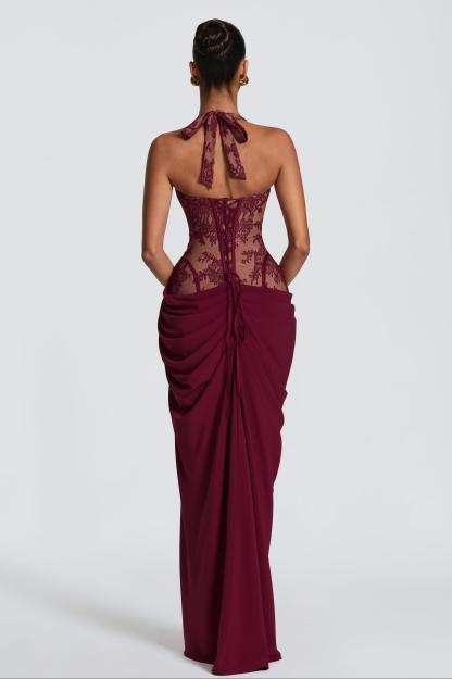 Lace Splicing Chiffon Halter Neck Slit Maxi Dress