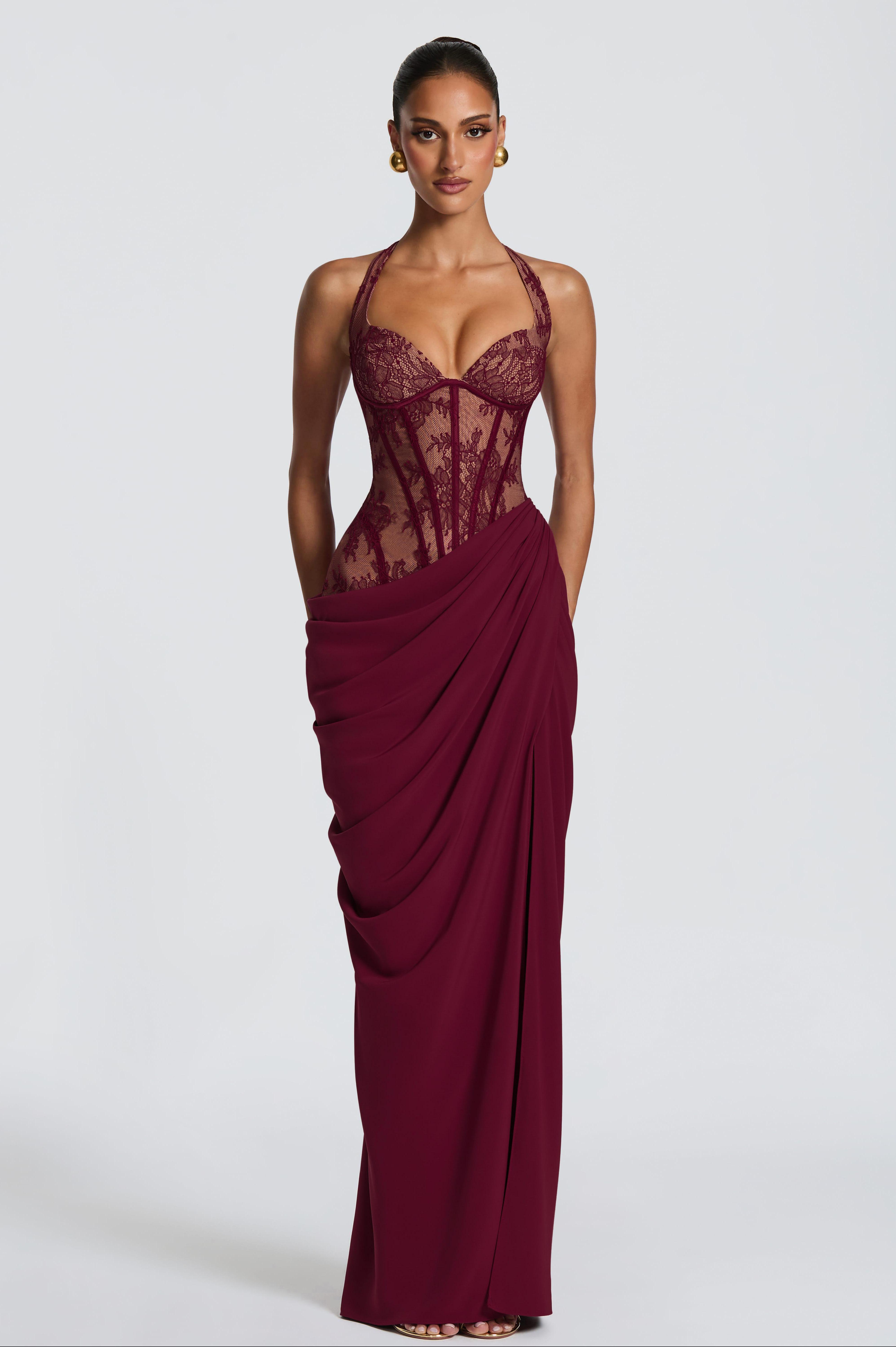 Lace Splicing Chiffon Halter Neck Slit Maxi Dress