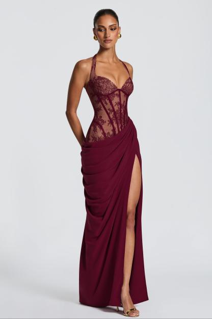 Lace Splicing Chiffon Halter Neck Slit Maxi Dress