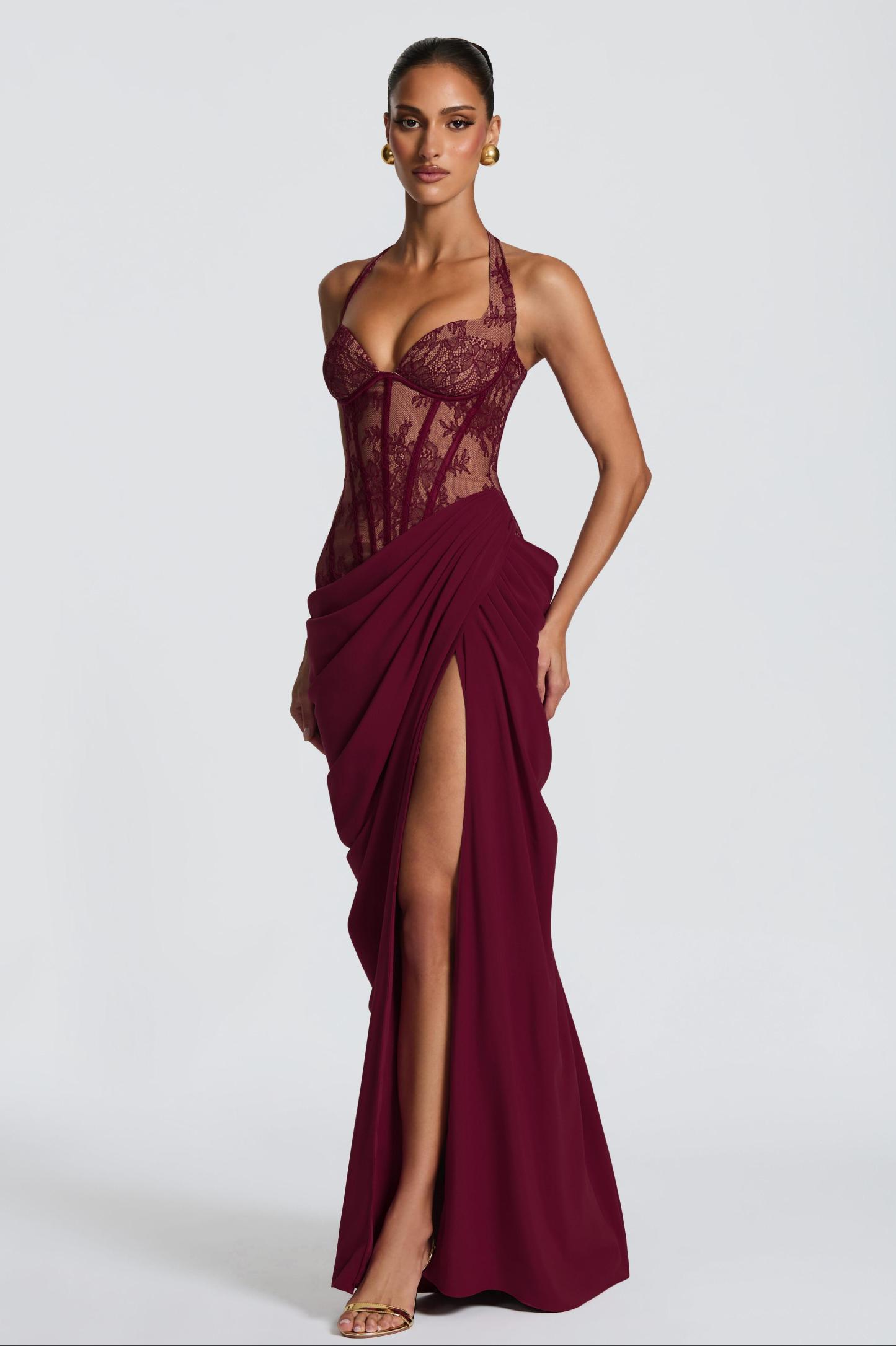 Lace Splicing Chiffon Halter Neck Slit Maxi Dress