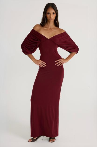 Jersey Gathering Off Shoulder Maxi Dress