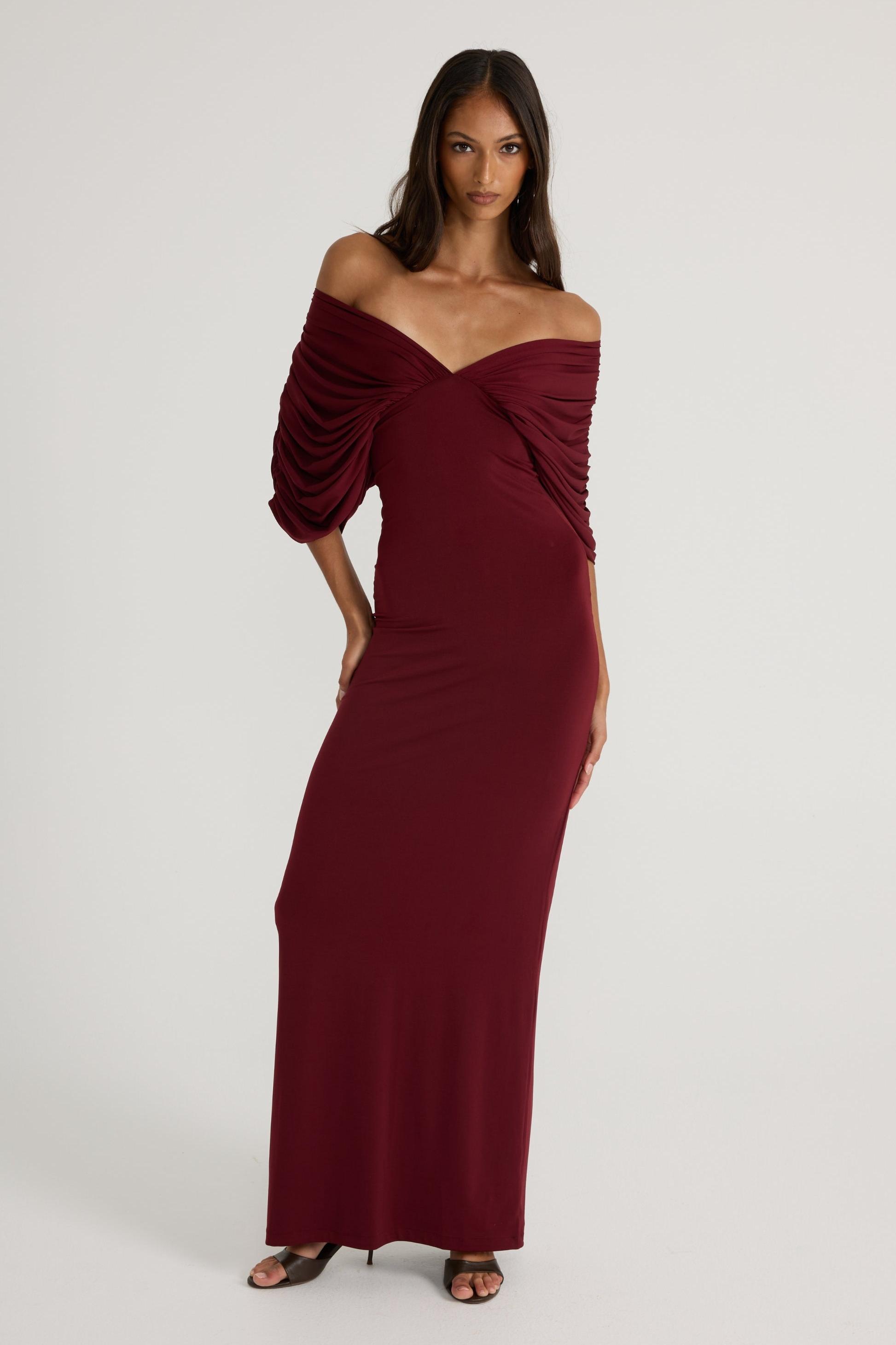 Jersey Gathering Off Shoulder Maxi Dress