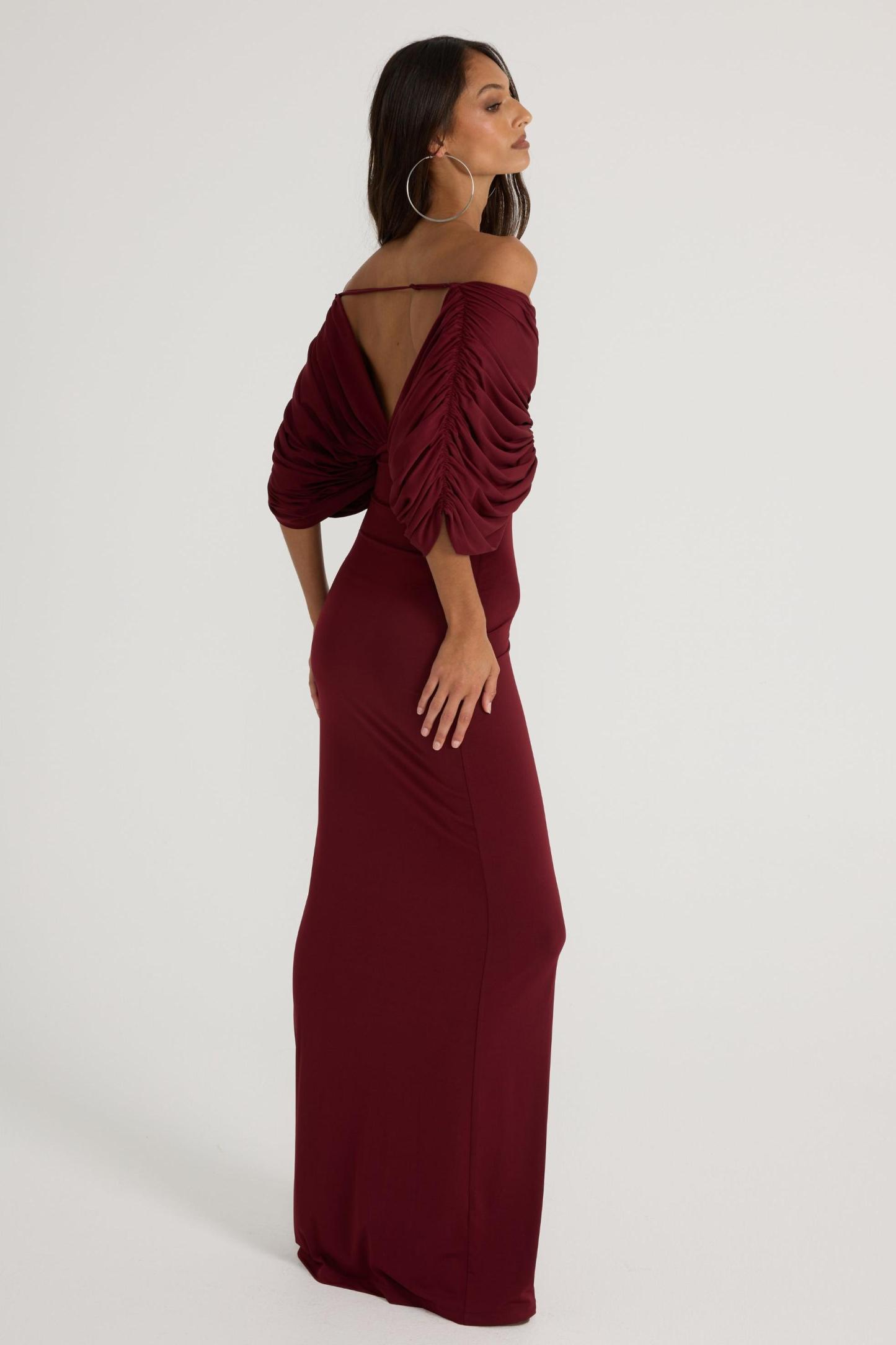 Jersey Gathering Off Shoulder Maxi Dress