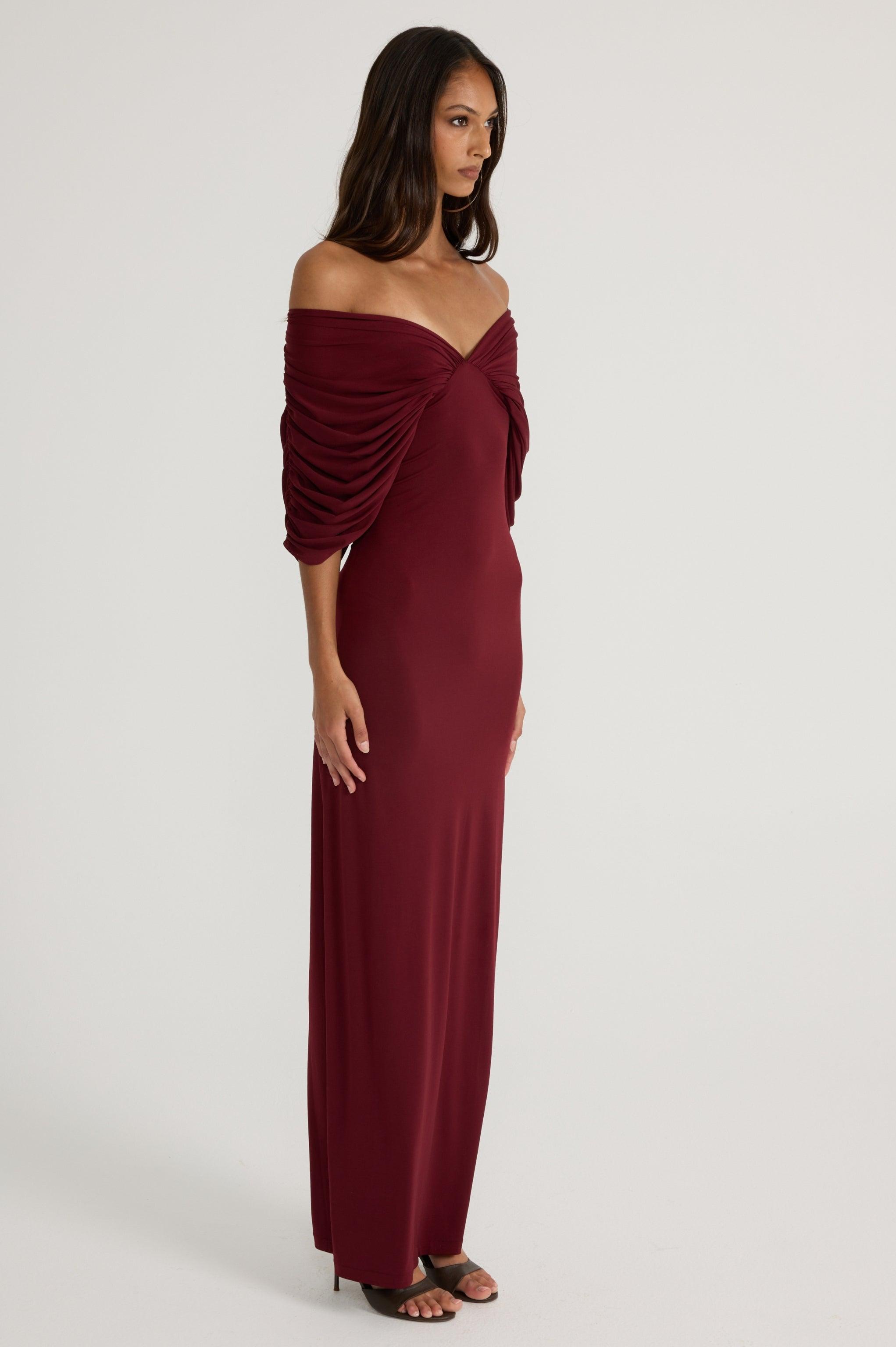 Jersey Gathering Off Shoulder Maxi Dress
