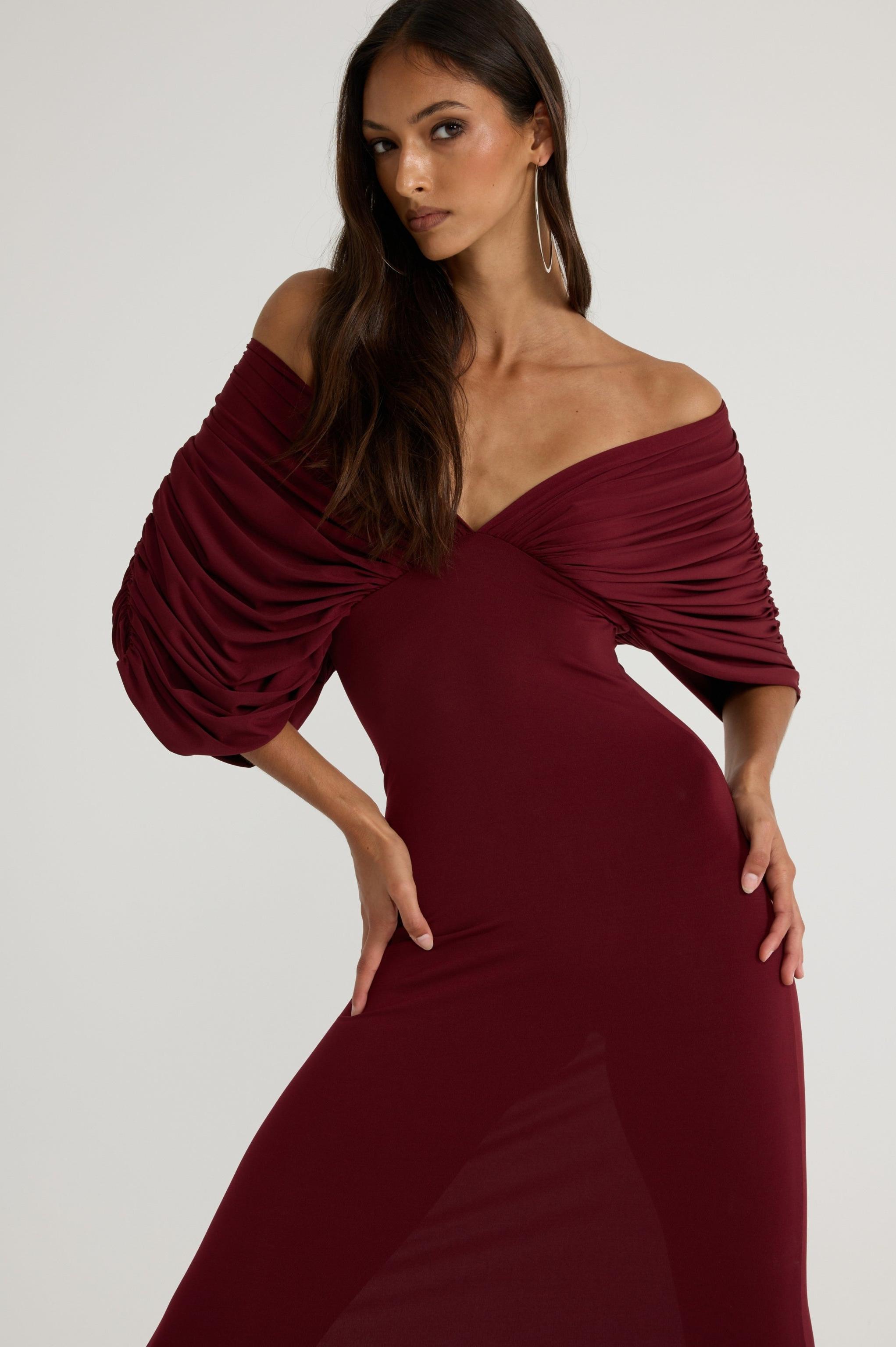 Jersey Gathering Off Shoulder Maxi Dress