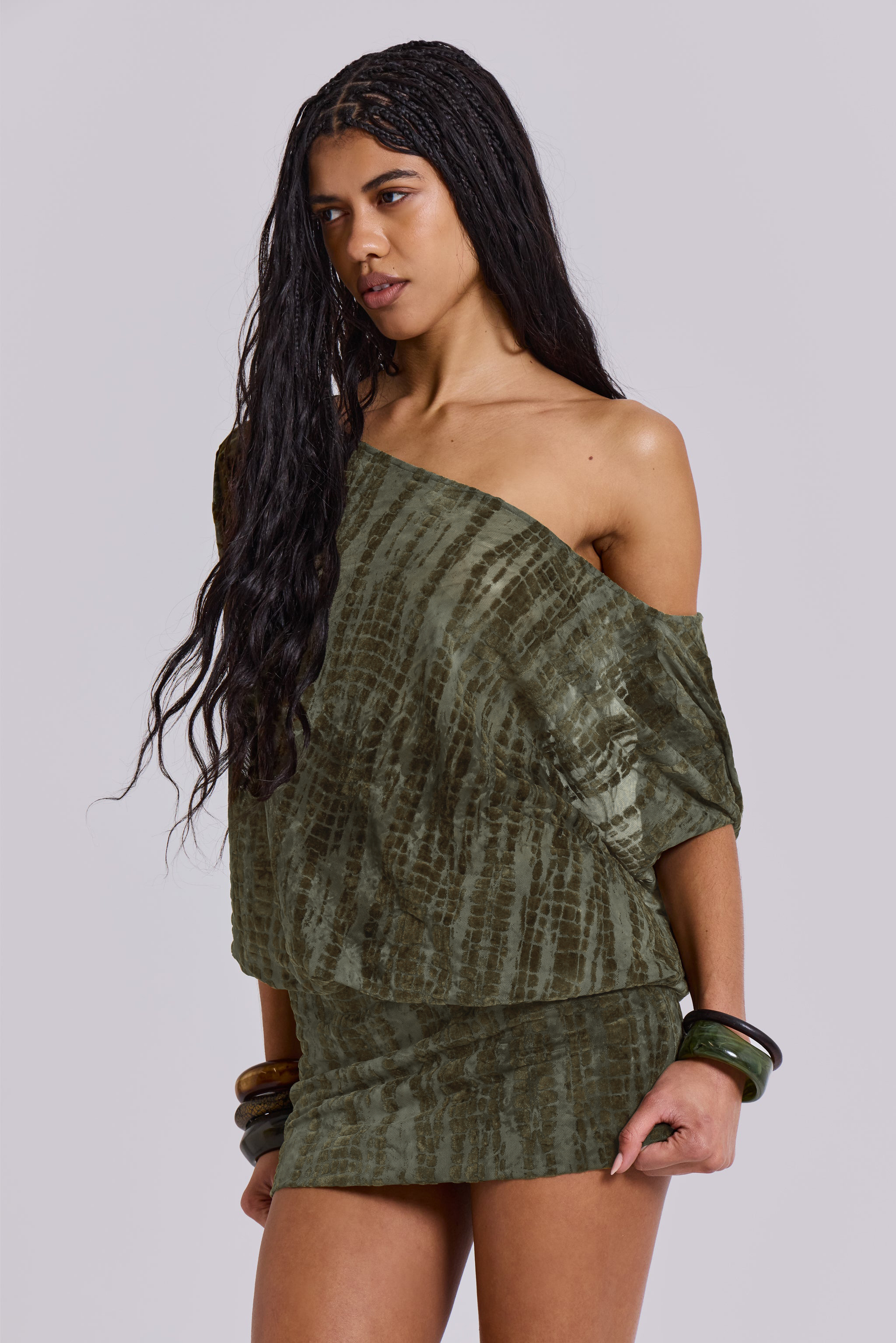 Flock Printing Skew Collar Backless Mini Dress