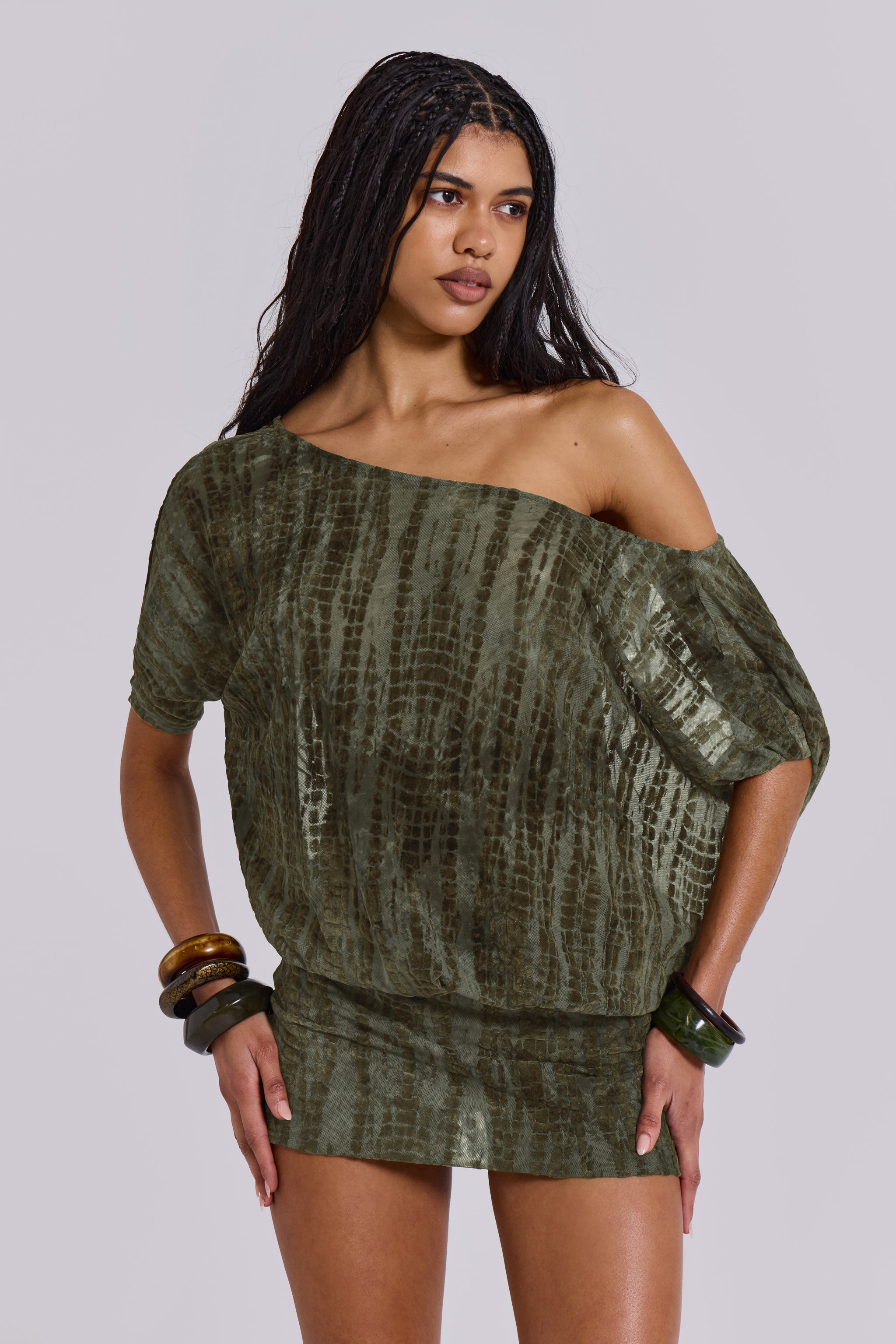 Flock Printing Skew Collar Backless Mini Dress