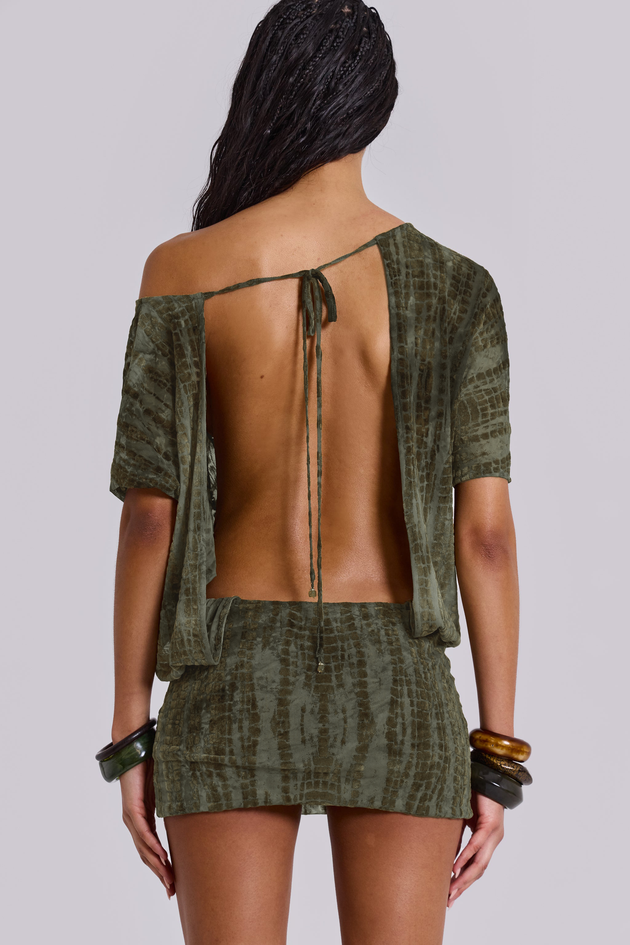Flock Printing Skew Collar Backless Mini Dress