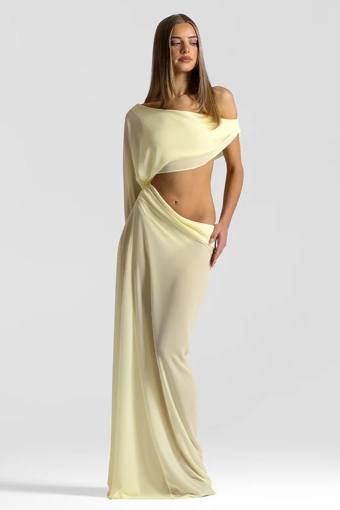 Chiffon See-Through Asymmetrical Sleeve Maxi Dress