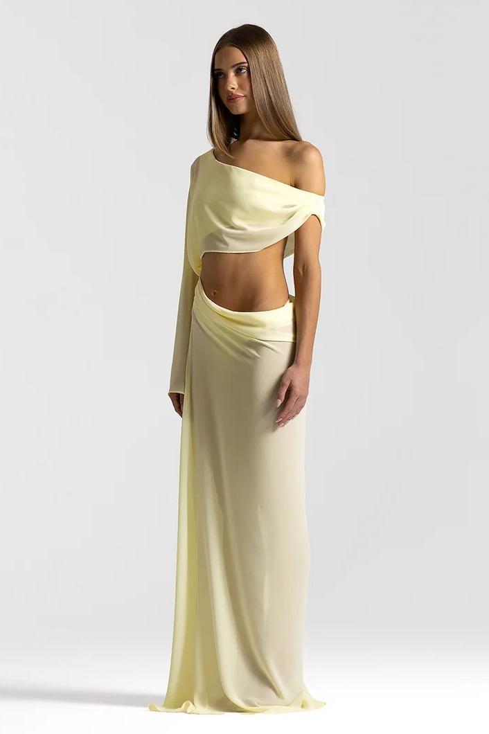 Chiffon See-Through Asymmetrical Sleeve Maxi Dress
