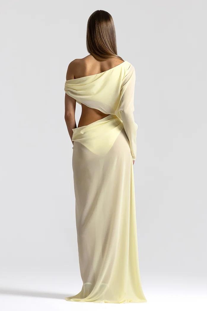 Chiffon See-Through Asymmetrical Sleeve Maxi Dress