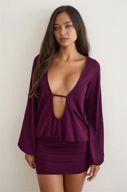 Jersey Lantern Sleeve Cut-Out Mini Dress