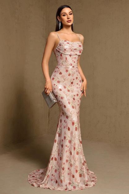 Sequin Floral Tie-Up Maxi Dress