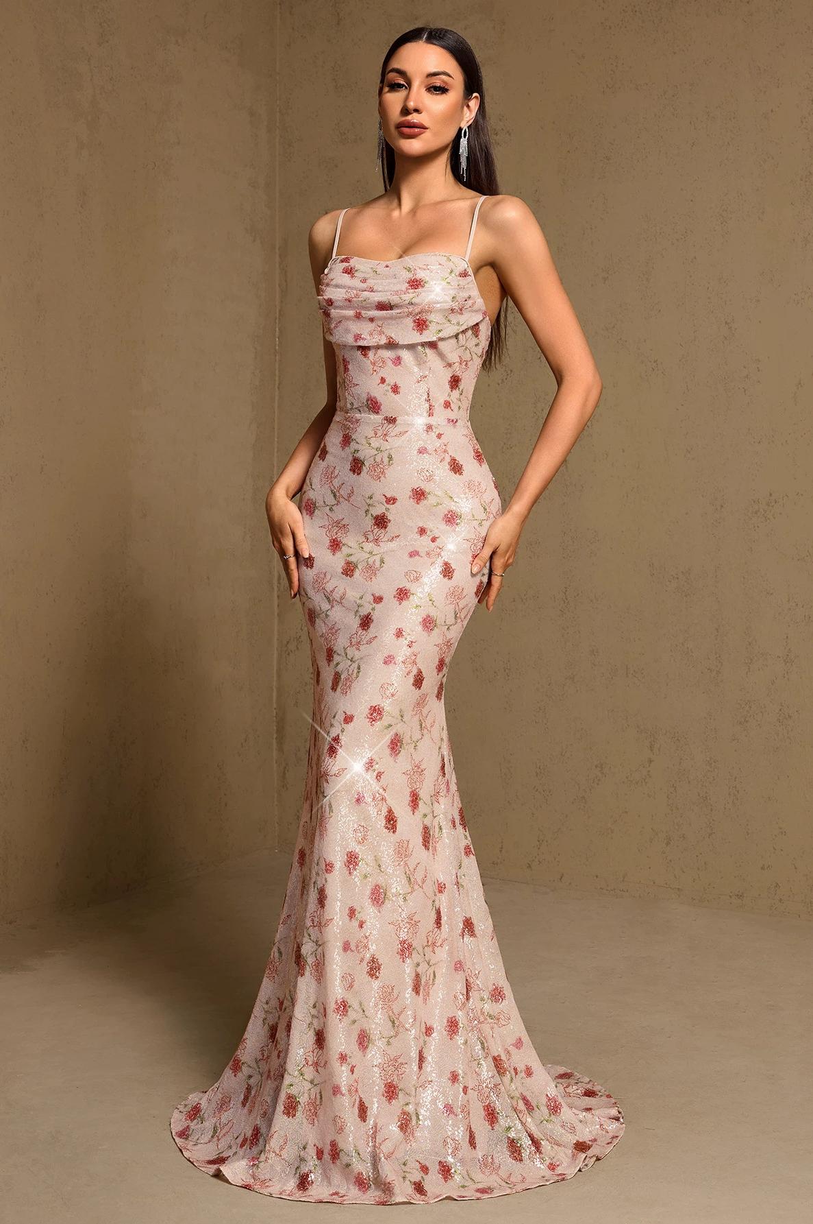 Sequin Floral Tie-Up Maxi Dress