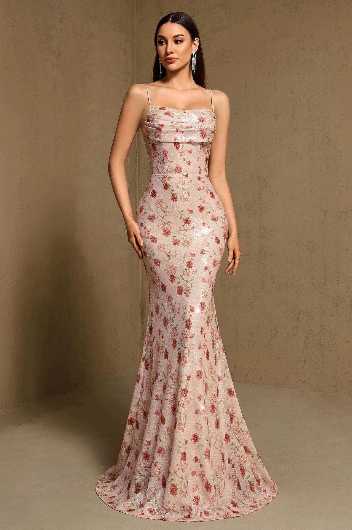 Sequin Floral Tie-Up Maxi Dress